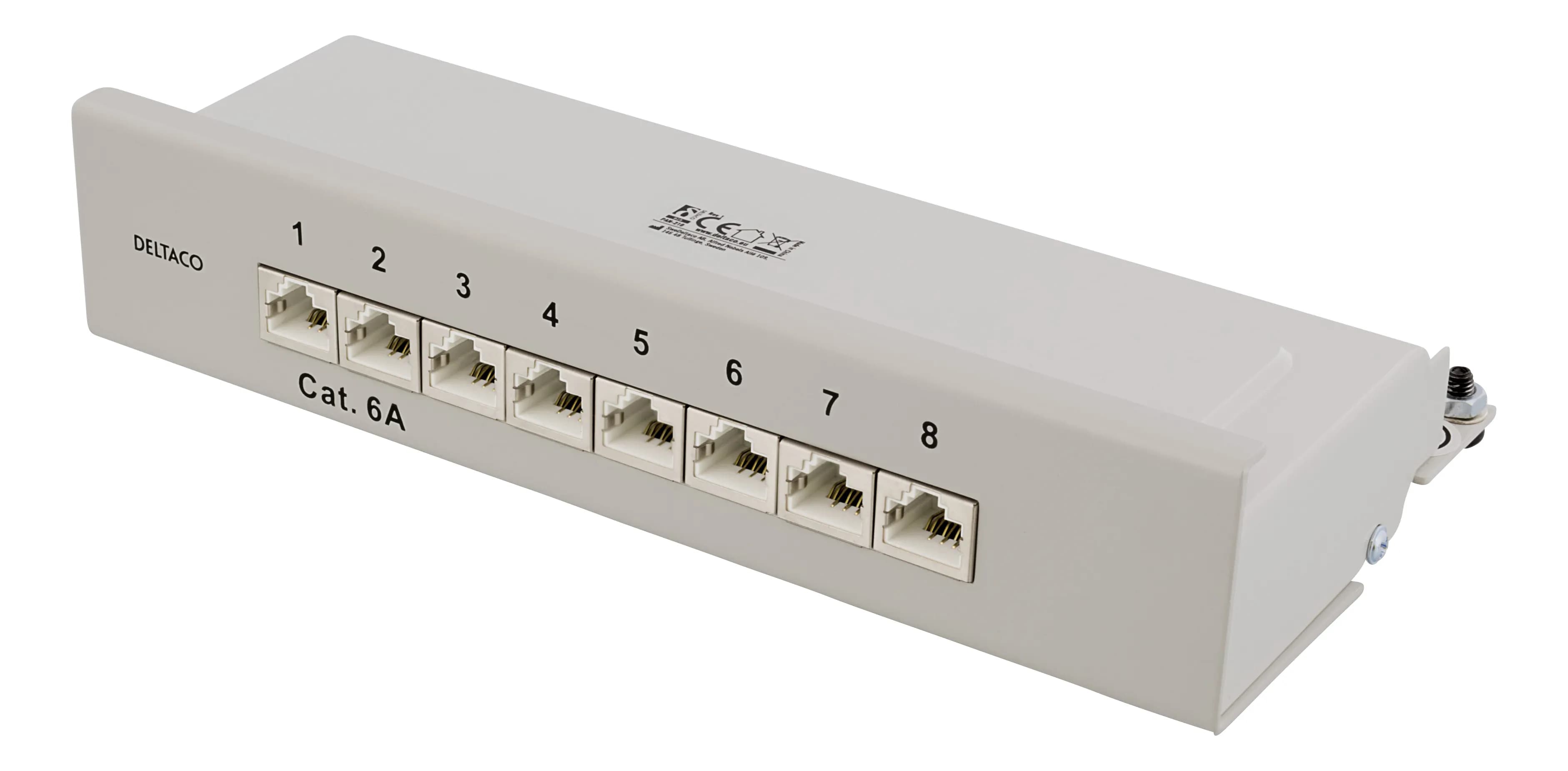 DELTACO kytkentäpaneeli, 8xRJ45, Cat6a, seinäasennus, 10Gbps, harmaa