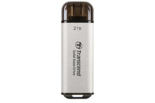 Transcend ESD300 2 Tt USB-C -ulkoinen SSD, kannettava, laitteistosalaus, salasanasuojaus, hopea
