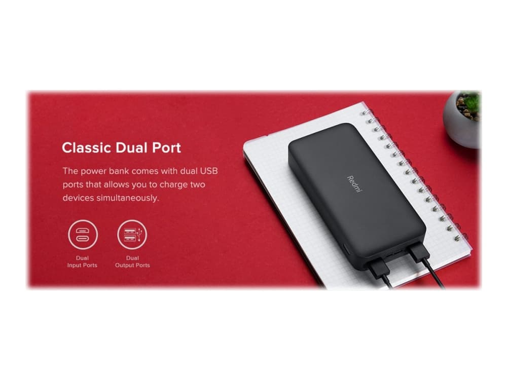 Xiaomi Redmi - Powerbank - 20000 mAh - 74 Wh - 18 Watt - 3.6 A - Pikalataus - 2 ulostuloa - USB - lajittelu - lajittelu