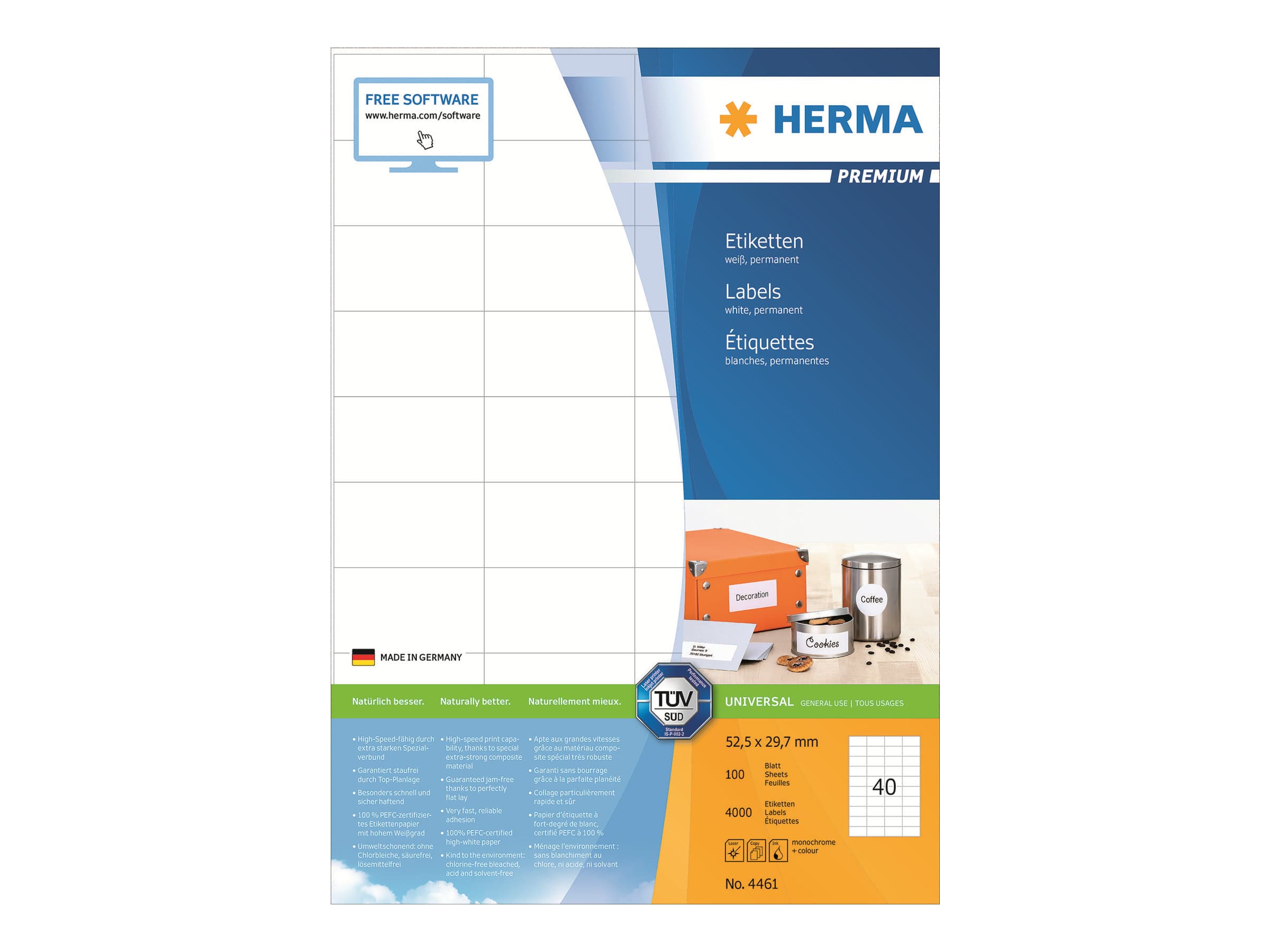 HERMA 4461, Valkoinen, Itse kiinnittyvä tulostintarra, A4, Paperi, Laser/Inkjet, Kiinteä