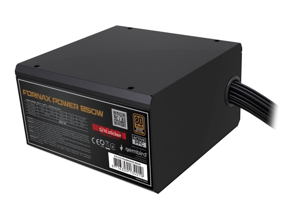 Gembird Fornax Power 850W 80+Bronze aktiivinen PFC tietokoneen virtalähde 120mm tuuletin 120mm tuuletin