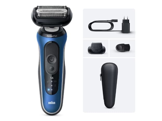 Braun 62-B1200s, Kalvoparranajokone, Musta, Sininen, Ruostumaton teräs, Painikkeet, Verkkovirta/akku, Litium-ioni (Li-Ion)