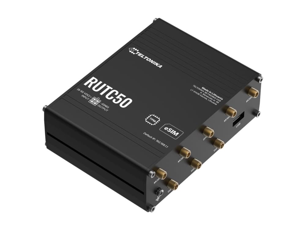 Teltonika RUTC50, Wi-Fi 6 (802.11ax), Kaksitaajuus (2,4 GHz/5 GHz), Ethernet LAN, 5G, musta, Teollinen reititin