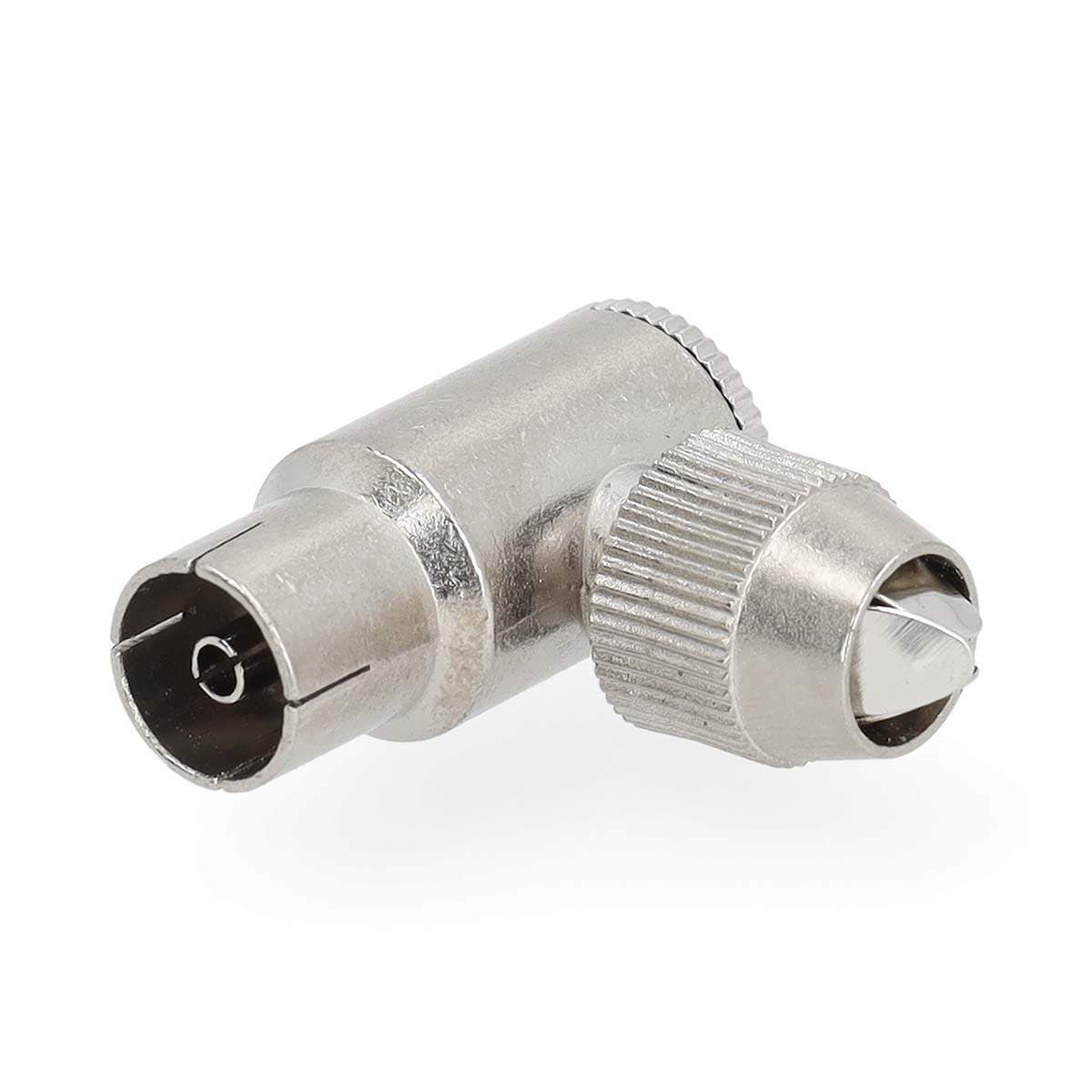 IEC (Coax) Liitin | Kulma, 90 ° | Naaras | Niklattu | 75 Ohm | Ruuvi | Kaapelin läpitulomitta: 7.0 mm | Metalli | Hopea | 2 kpl