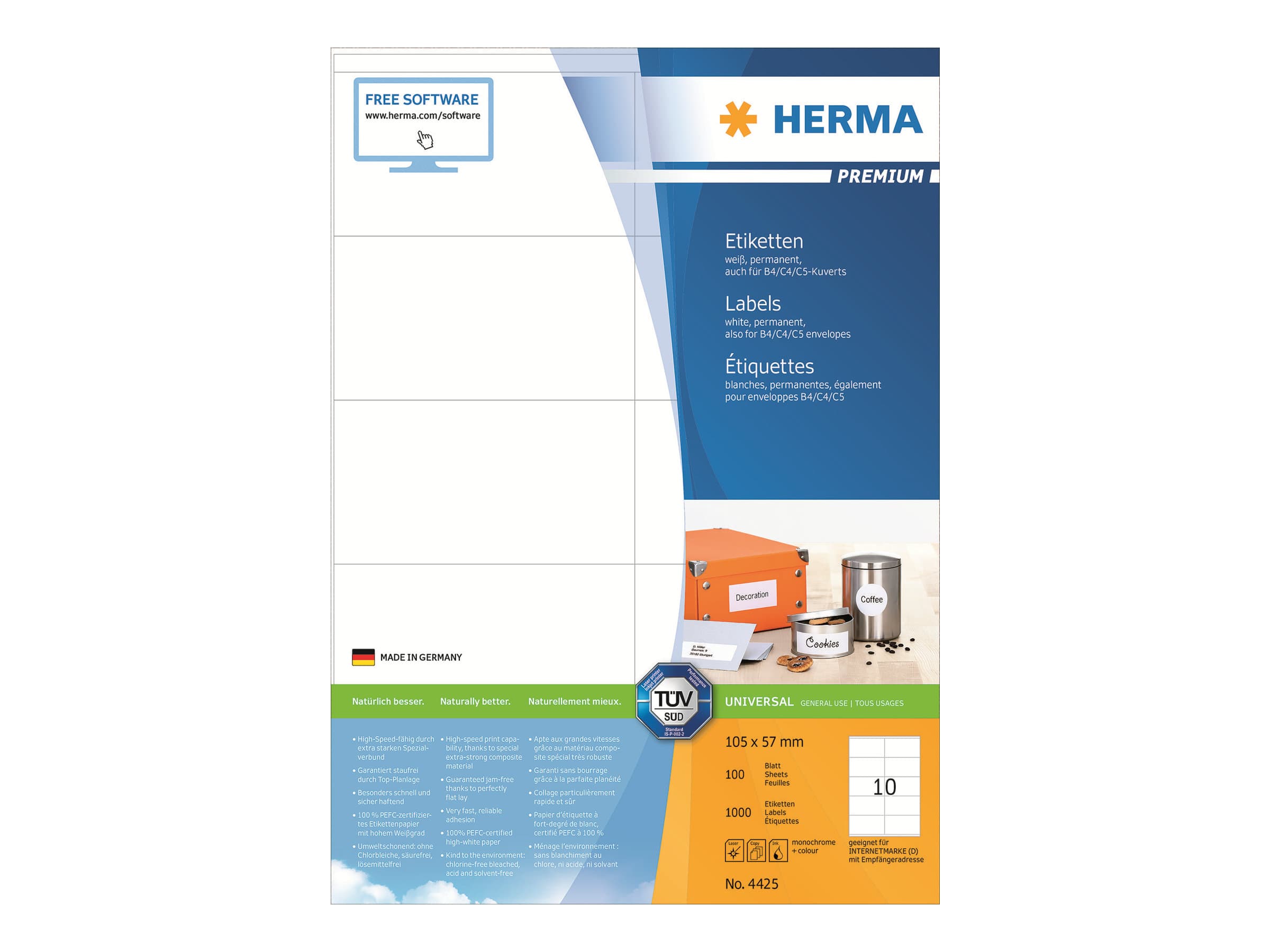 HERMA 4425, Valkoinen, Suorakulmio, Kiinteä, Paperi, Matta, Laser/Inkjet