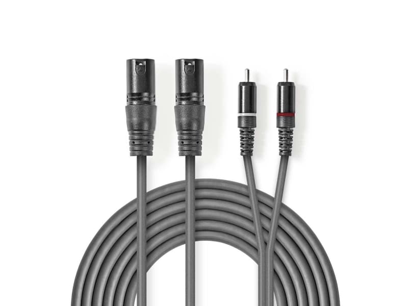 Nedis COTH15210GY15, 2 x XLR (3-nastainen), urosliitin, 2 x RCA, urosliitin, 1,5 m, harmaa
